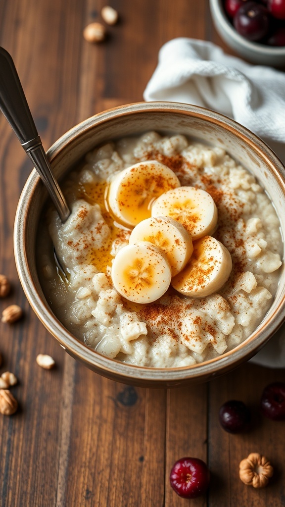 Healthy Oatmeal Recipe A bowl of creamy oatmeal topped with banana slices and honey, on a wooden table with nuts and berries.